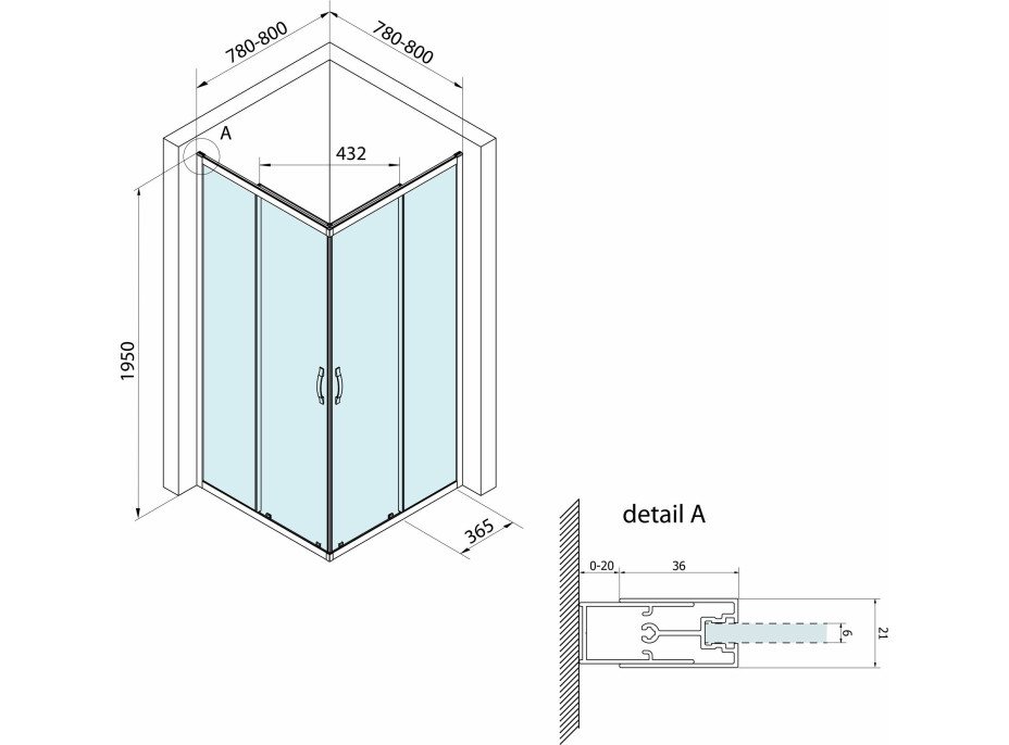 Bruckner BORG štvorcová sprchová zástena 800x800x1950 mm, číre sklo 751.180.1