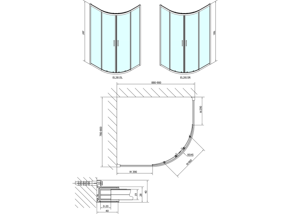 Polysan EASY LINE štvrťkruhová sprchová zástena 900x800mm, L/R, číre sklo EL2815