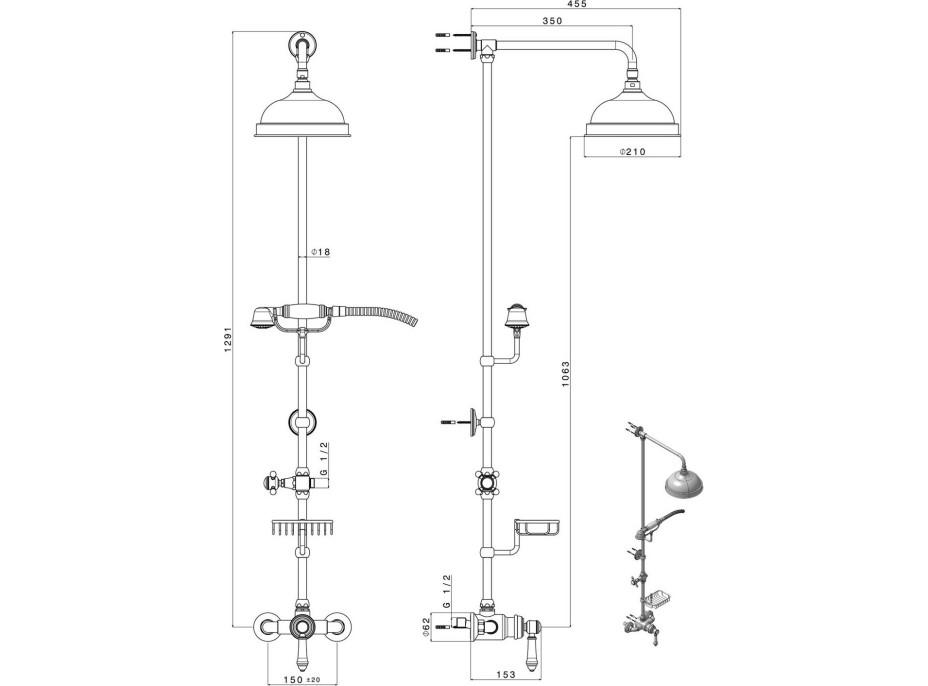 Sapho VIENNA sprchový stĺp s pákovou batériou, mydelnička, 1291mm, chróm VO138