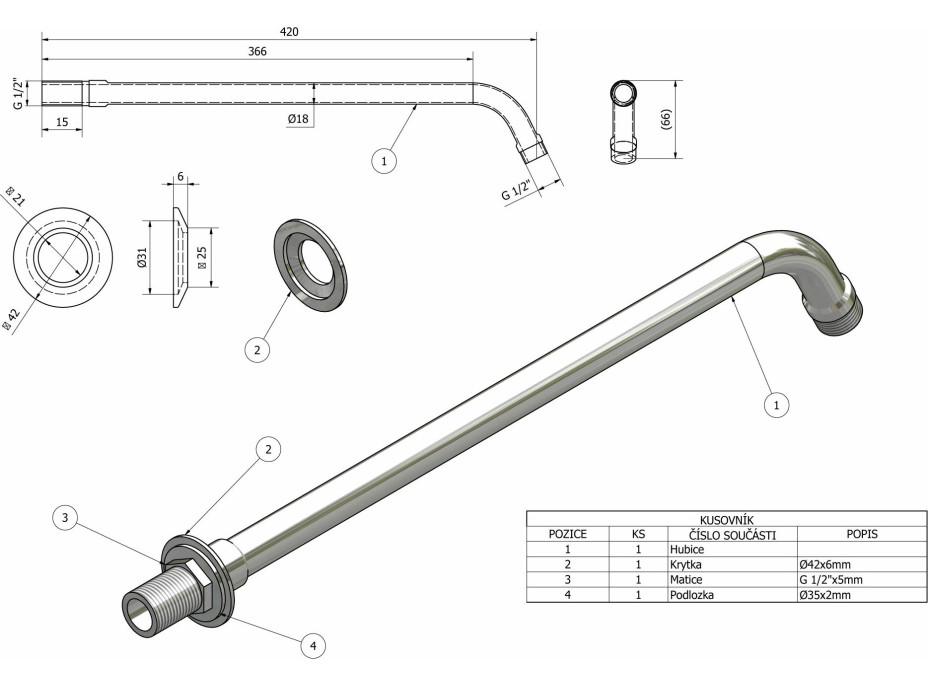 Aqualine Sprchové ramienko okrúhle, 405mm, chróm T04