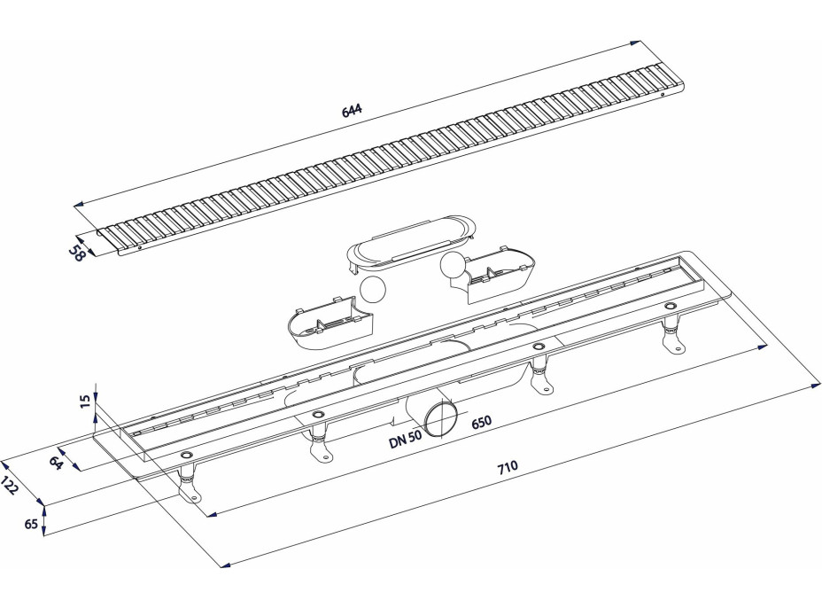 Bruckner Podlahový žľab s nerezovým roštom, L-710, DN50 700.157.2