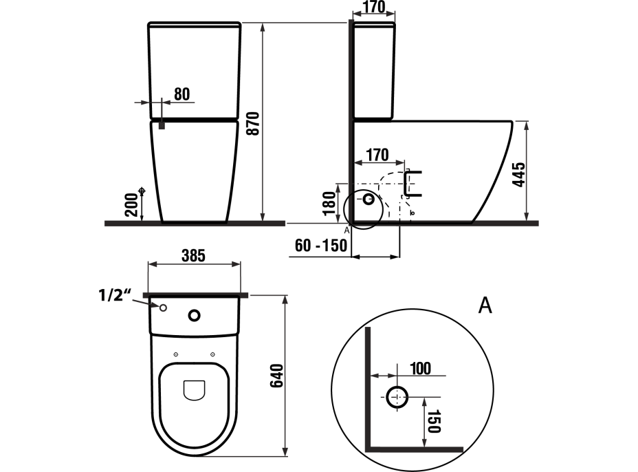 Sapho TURKU RIMLESS WC kombi zvýšený sedák, spodný/zadný odpad, biela PC104WR