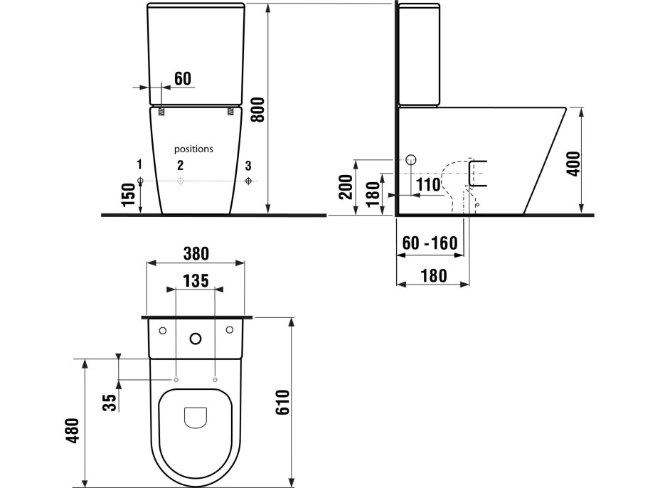 Sapho PACO RIMLESS WC kombi misa s nádržkou, spodný/zadný odpad, čierna mat PC1012WRB