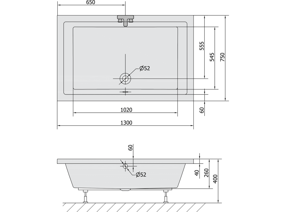 Polysan DEEP hlboká sprchová vanička s konštrukciou, obdĺžnik 130x75x26cm, biela 72943