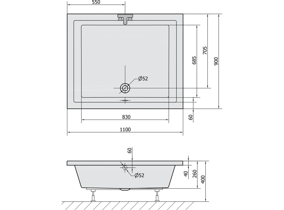 Polysan DEEP hlboká sprchová vanička s konštrukciou, obdĺžnik 110x90x26cm, biela 72372