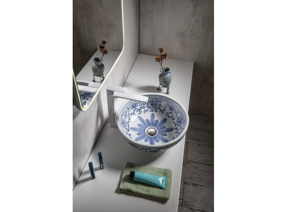 Sapho PRIORI keramické umývadlo na dosku, Ø 41 cm, biela s modrým vzorom PI012