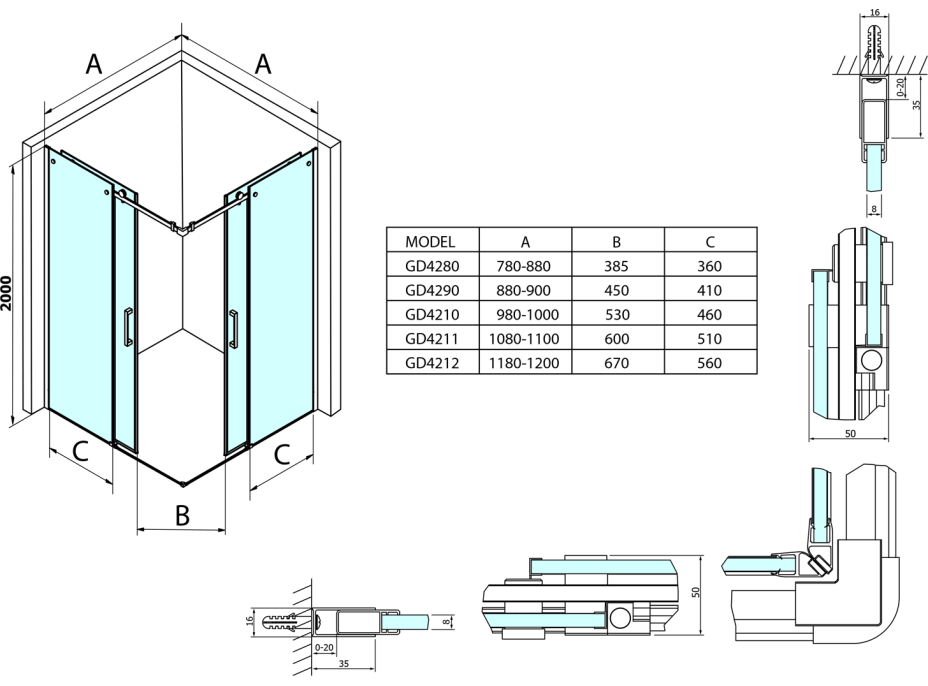 Gelco DRAGON štvorcový sprchovací kút 800x800mm L/P variant, rohový vstup GD4280GD4280