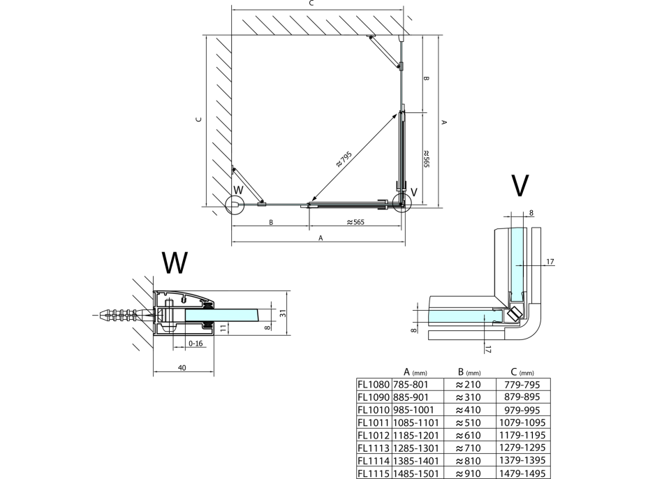 Polysan FORTIS LINE obdĺžnikový sprchovací kút 1500x800 mm, rohový vstup FL1115LFL1080R