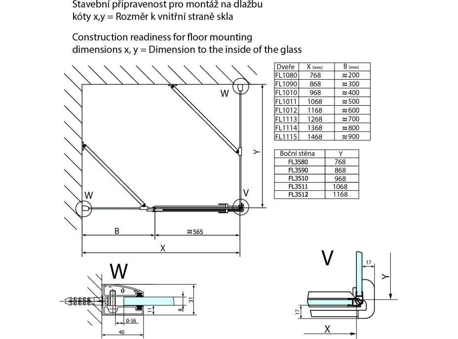 Polysan FORTIS LINE štvorcový sprchovací kút 1000x1000 mm, R variant FL1010RFL3510