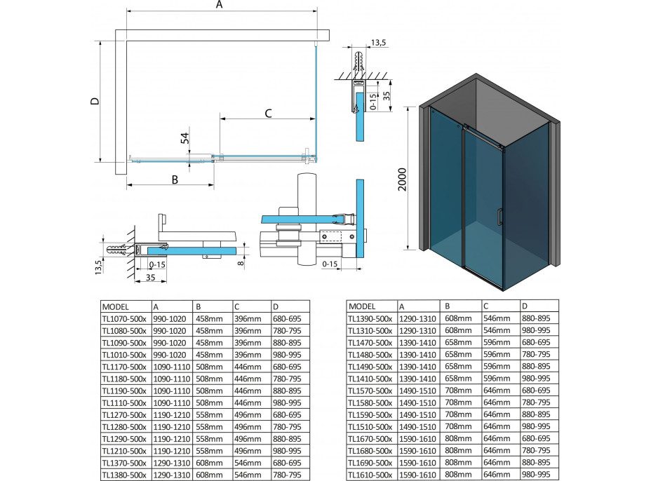 Polysan THRON LINE SQUARE obdĺžnikový sprchovací kút 1300x700mm, hranaté pojazdy TL1370-5002