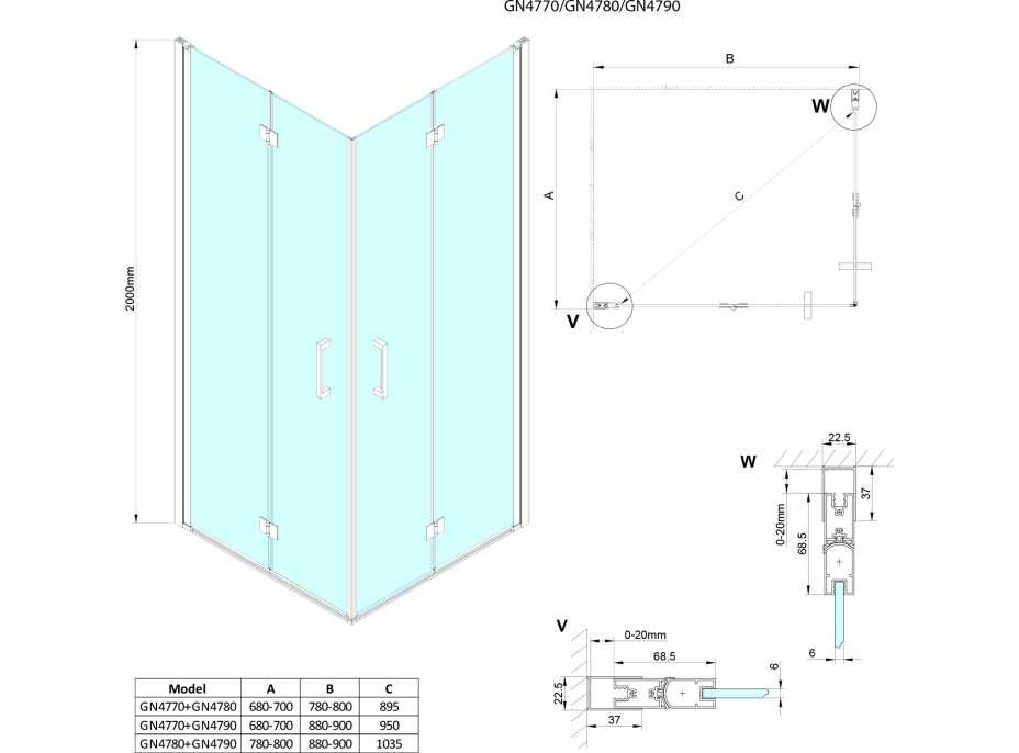 Gelco LORO obdĺžnikový sprchovací kút 900x800mm, rohový vstup GN4790-03