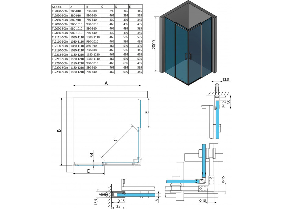 Polysan THRON LINE SQUARE štvorcový sprchovací kút 800x800mm, hranaté pojazdy, rohový vstup TL2880-5002