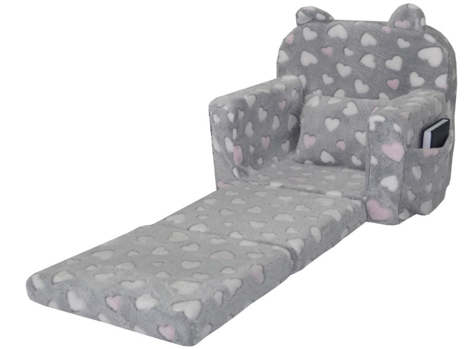 Detské rozkladacie plyšové kresielko POLAR - ružové srdiečka