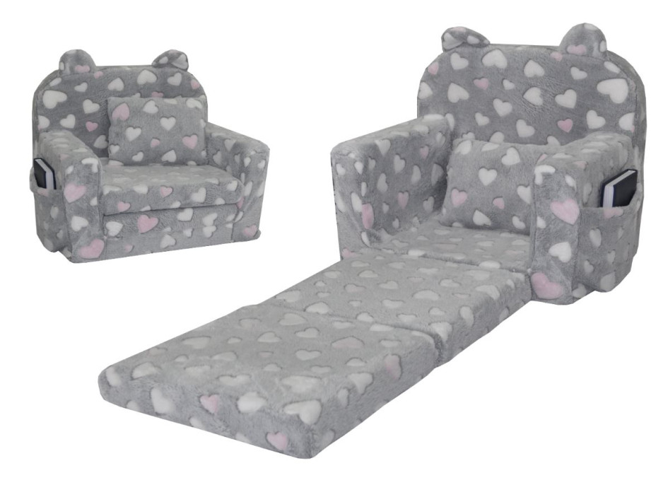 Detské rozkladacie plyšové kresielko POLAR - ružové srdiečka