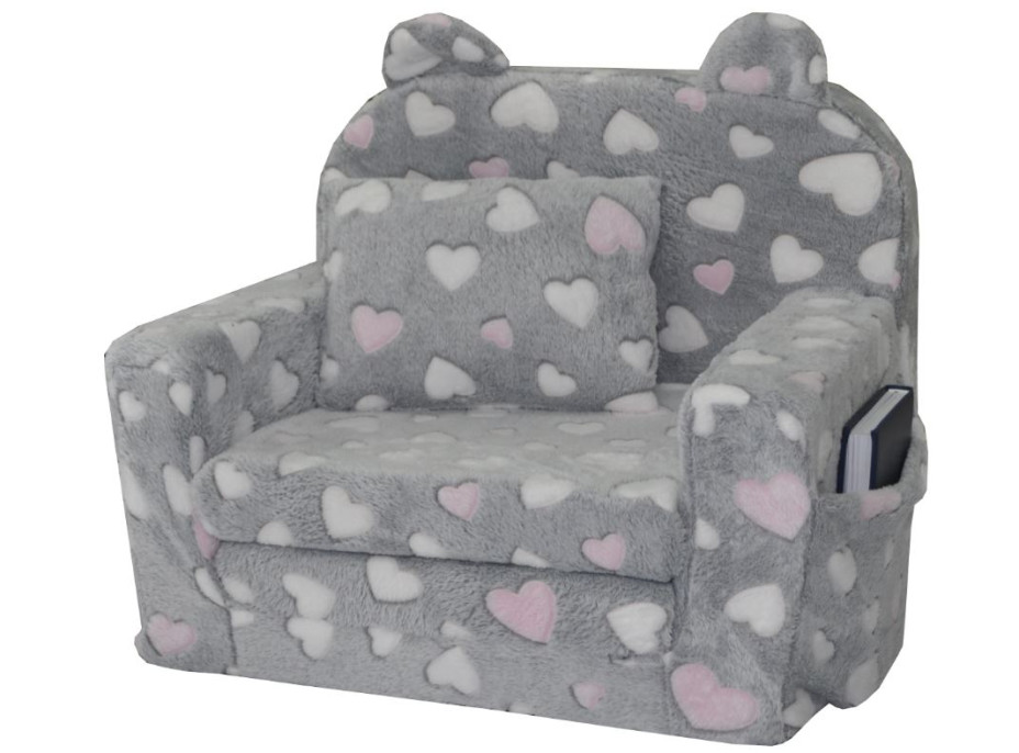 Detské rozkladacie plyšové kresielko POLAR - ružové srdiečka