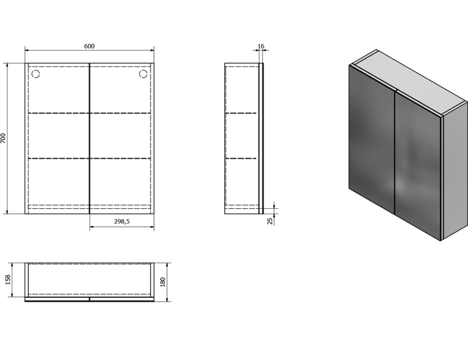 Aqualine VEGA galerka, 60x70x18cm, biela VG060