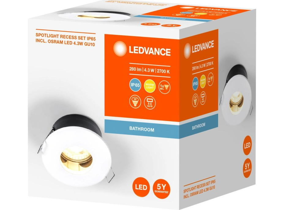 LEDVANCE SPOTLIGHT kúpeľňové podhľadové svietidlo, GU10, 4, 3W, 230V, IP65, biela AC3146900ZS