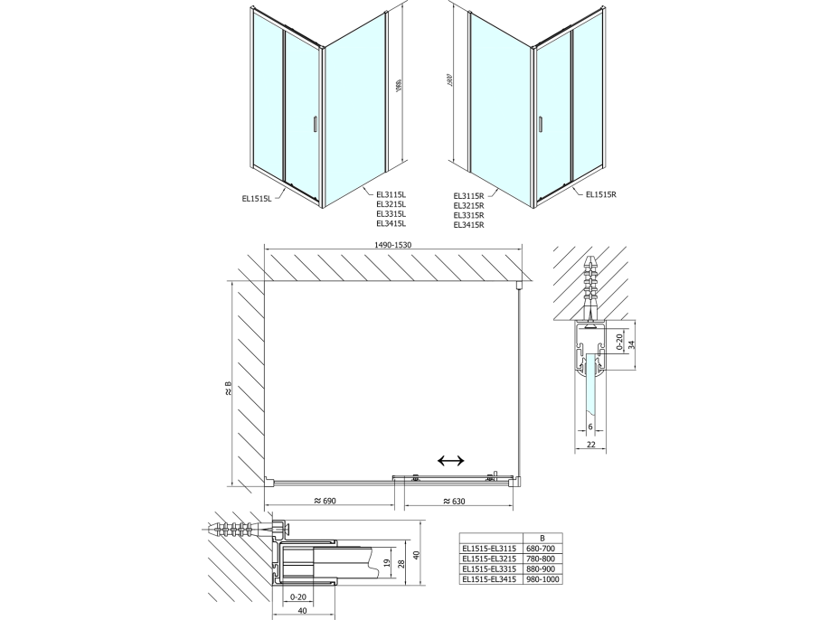 Polysan EASY LINE obdĺžnikový sprchovací kút 1500x1000mm, číre sklo L/P variant EL1515EL3415