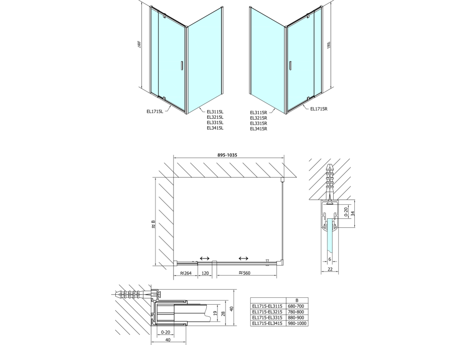 Polysan EASY LINE obdĺžnik/štvorec sprchovací kút pivot dvere 900-1000x900mm L/P variant EL1715EL3315