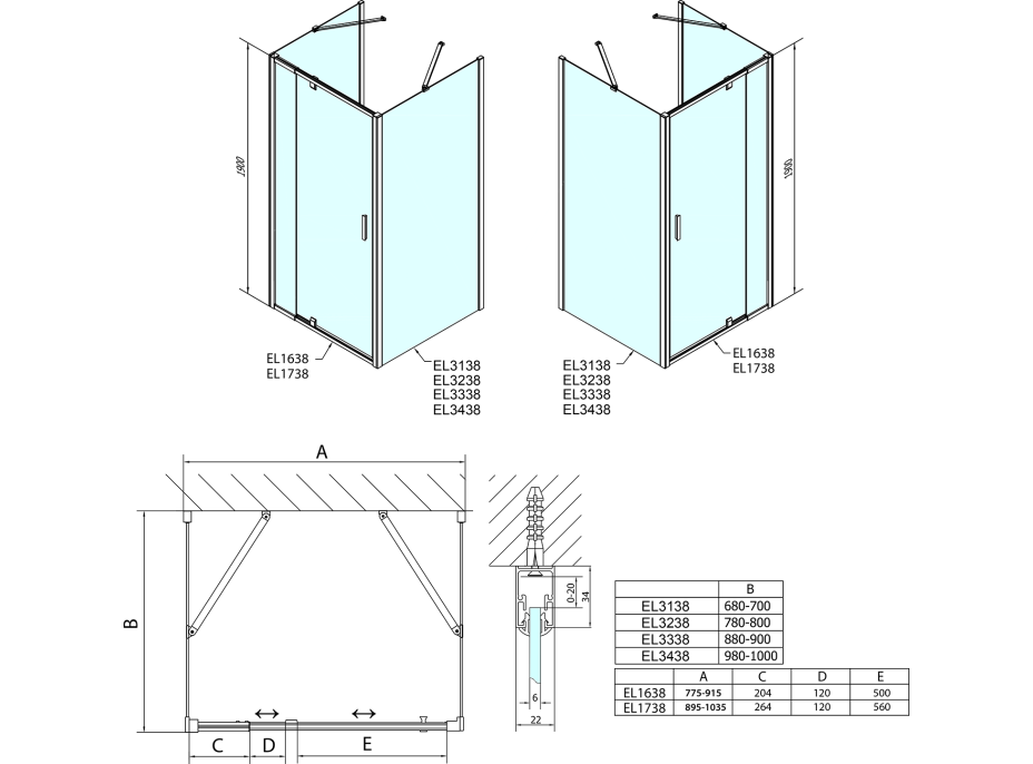 Polysan EASY LINE trojstenný sprchovací kút 900-1000x1000mm, pivot dvere, L/P variant, Brick sklo EL1738EL3438EL3438