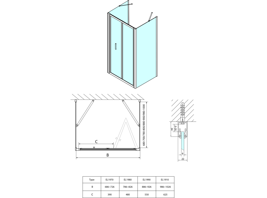 Polysan EASY LINE trojstenný sprchovací kút 700x700mm, skladacie dvere, L/P variant, číre sklo EL1970EL3115EL3115