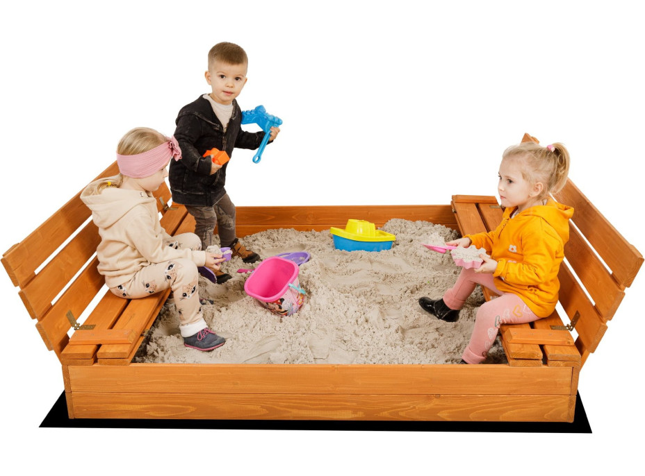 SAND TROPIC Drevené pieskovisko s lavičkami a príslušenstvom 100x100cm (impregnované)