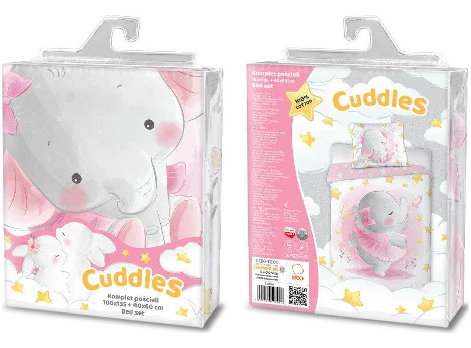 Detské bavlnené obliečky do postieľky 135x100 cm CUDDLES - Sloník - ružové