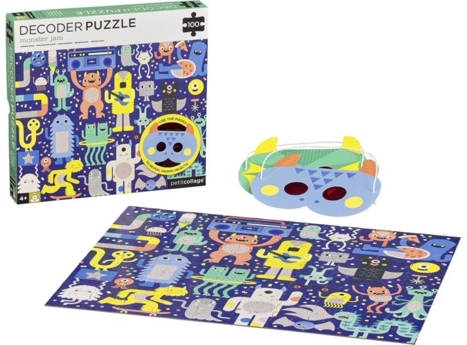 Petit Collage Puzzle príšerky 100 ks s 3D okuliarmi