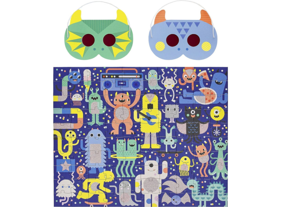 Petit Collage Puzzle príšerky 100 ks s 3D okuliarmi