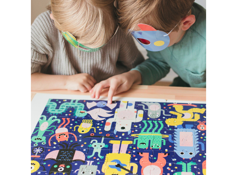 Petit Collage Puzzle príšerky 100 ks s 3D okuliarmi