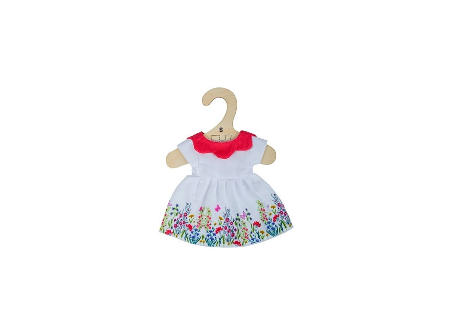 Bigjigs Toys Biele kvetinové šaty s červeným golierom pre bábiku 28 cm