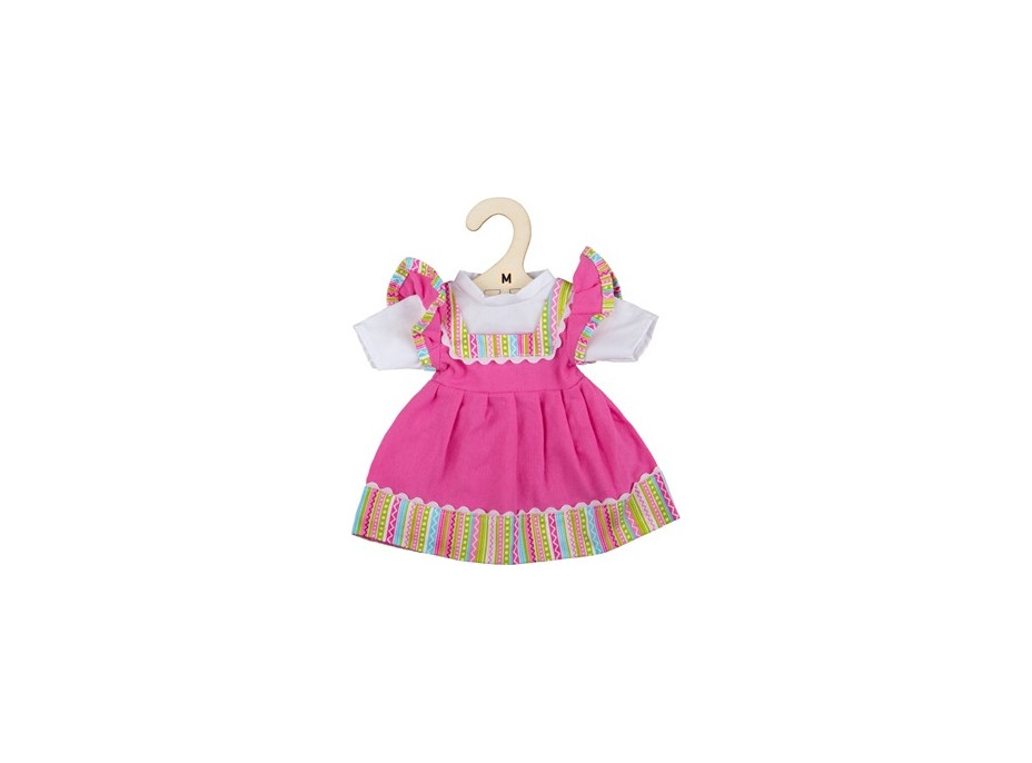 Bigjigs Toys Ružové šaty s pruhovaným lemovaním pre bábiku 34 cm