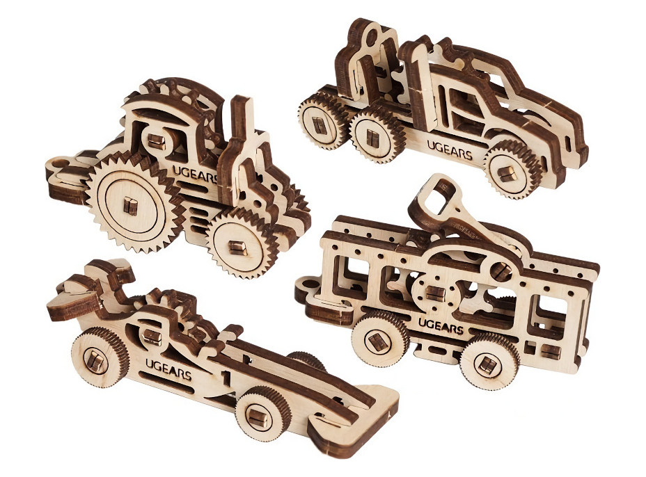 Ugears 3D drevené mechanické puzzle 4 mechanické prívesky Vozidlá