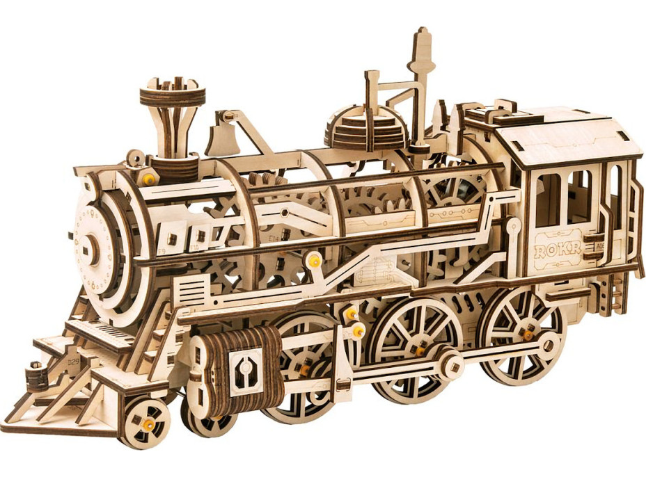 RoboTime 3D drevené mechanické puzzle Parná lokomotíva