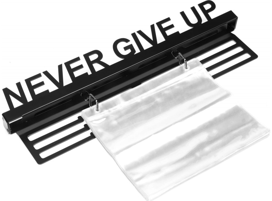 Kovový vešiak na medaily a štartové čísla NEVER GIVE UP - čierny