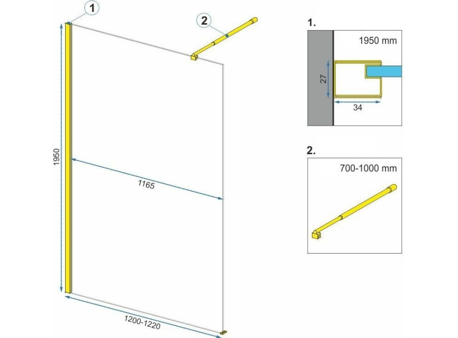 Kúpeľňová pevná zástena Rea AERO Ombre 120 cm - brúsená zlatá - biele sklo