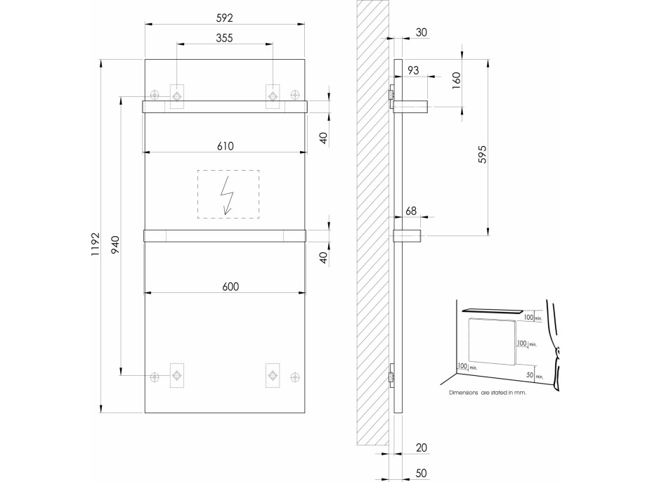 Sapho ENIS kúpeľňový sálavý vykurovací panel 600W, 590x1200 mm, držiaky uterákov, IP44, čierna mat RH600B-2