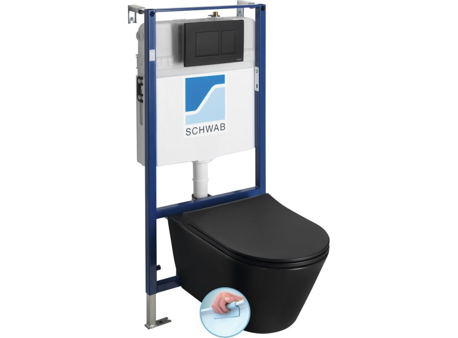 Závesné WC AVVA Rimless s podomietkovou nádržkou a tlačidlom Schwab, čierna mat 100314-110-SET5