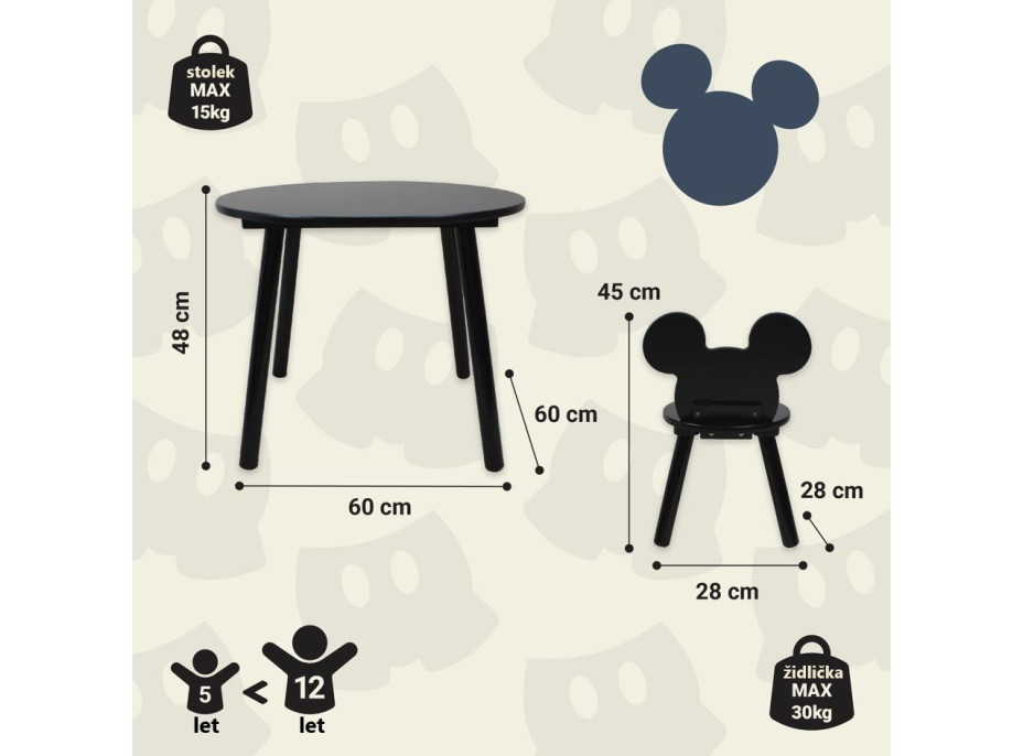 Detský stolček s 2 stoličkami Mickey Mouse - čierny