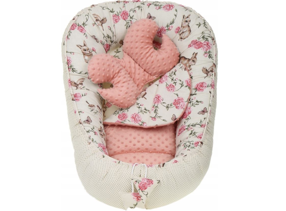 Obojstranné hniezdočko (kokon) pre bábätko - BABYMAM PREMIUM set 7v1 - Tajomná záhrada s marhuľovou minkou