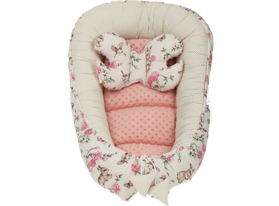 Obojstranné hniezdočko (kokon) pre bábätko - BABYMAM PREMIUM set 7v1 - Tajomná záhrada s marhuľovou minkou