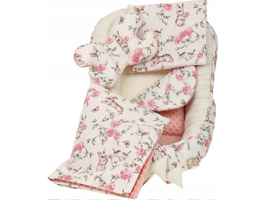 Obojstranné hniezdočko (kokon) pre bábätko - BABYMAM PREMIUM set 7v1 - Tajomná záhrada s marhuľovou minkou