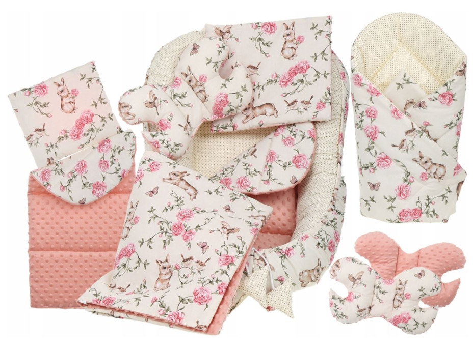 Obojstranné hniezdočko (kokon) pre bábätko - BABYMAM PREMIUM set 7v1 - Tajomná záhrada s marhuľovou minkou