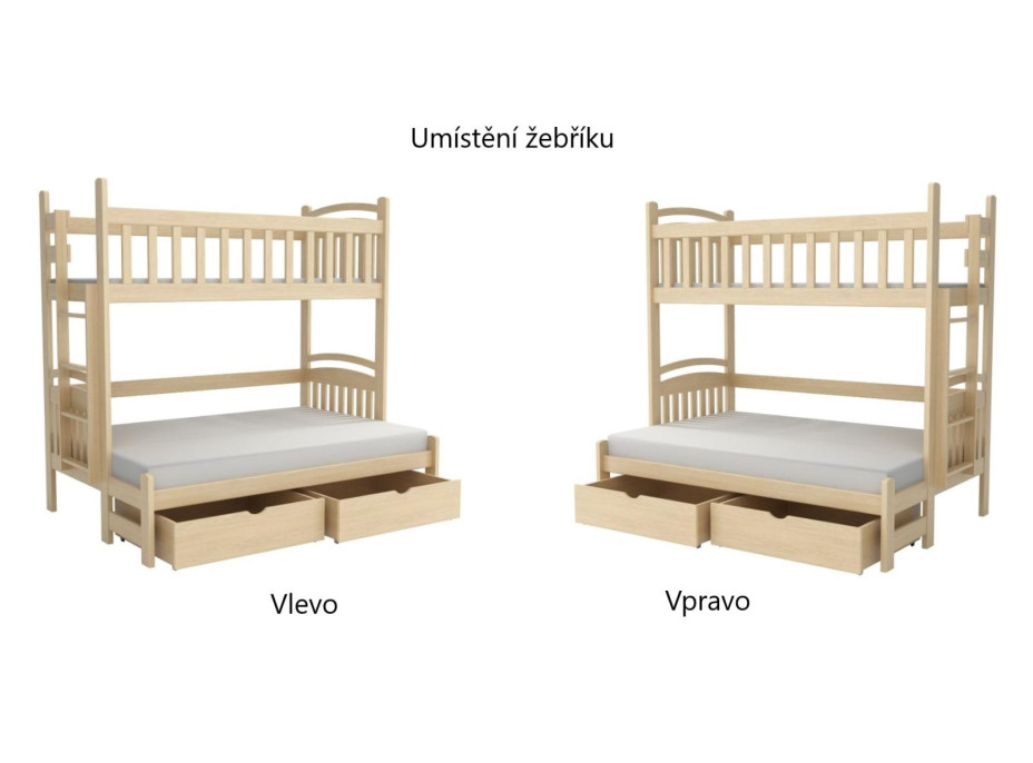 Detská poschodová posteľ z masívu borovice s rozšíreným spodným lôžkom LUKÁŠ so šuplíkmi - 200x90/140 cm - PRÍRODNÁ BOROVICA