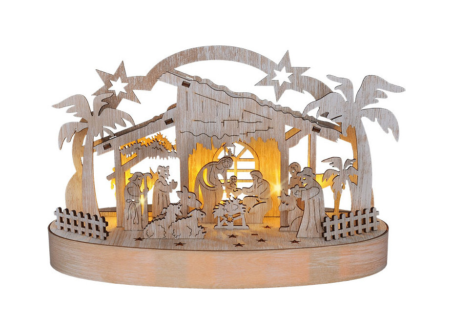 Solight vianočný drevený betlehem podsvietený, 5x LED, prírodné drevo, 25cm, 2x AA