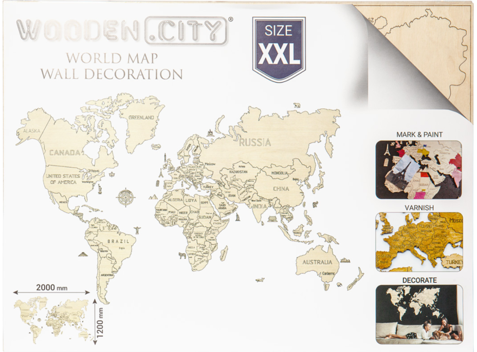 WOODEN CITY Drevená mapa sveta veľkosť XXL (200x120cm) WOODEN CITY Drevená mapa sveta veľkosť XXL (200x120cm)