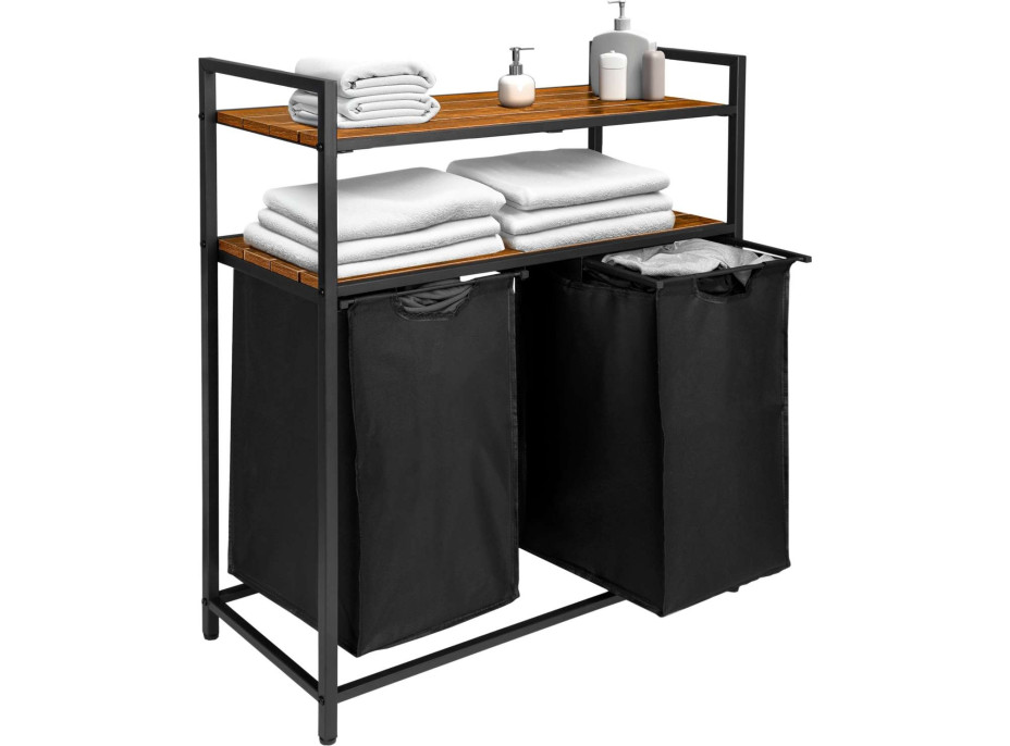 Dvojkomorový kôš na bielizeň s policami MIRUN 80L - čierny/starený dub