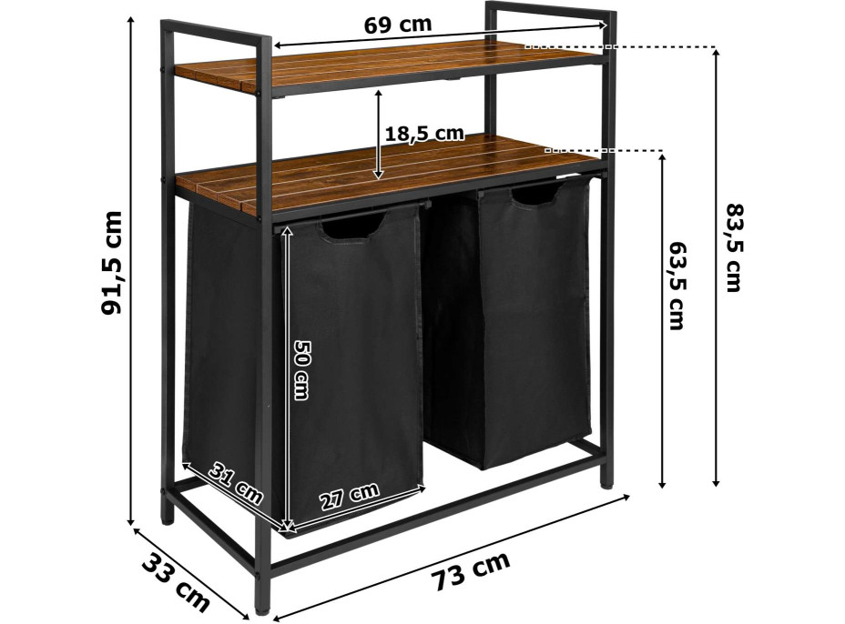 Dvojkomorový kôš na bielizeň s policami MIRUN 80L - čierny/starený dub