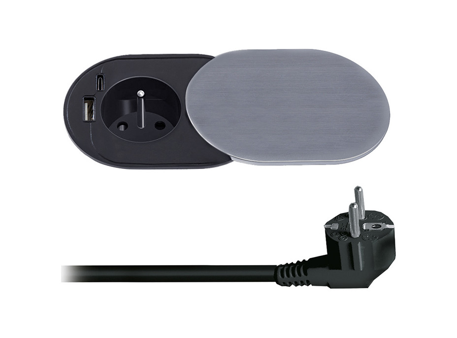 Solight 1z + USB A + C 20W PD vstavaná zásuvka s posuvným viečkom, 2m, strieborná