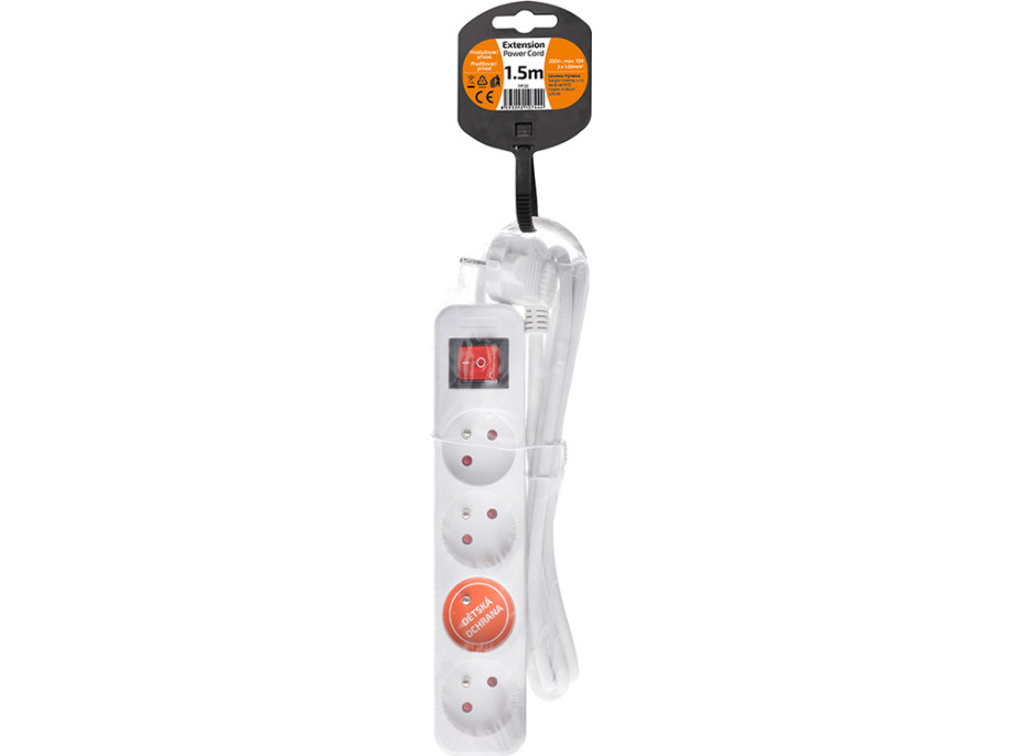 Solight predlžovací prívod, 4 zásuvky, biely, vypínač, 1,5m